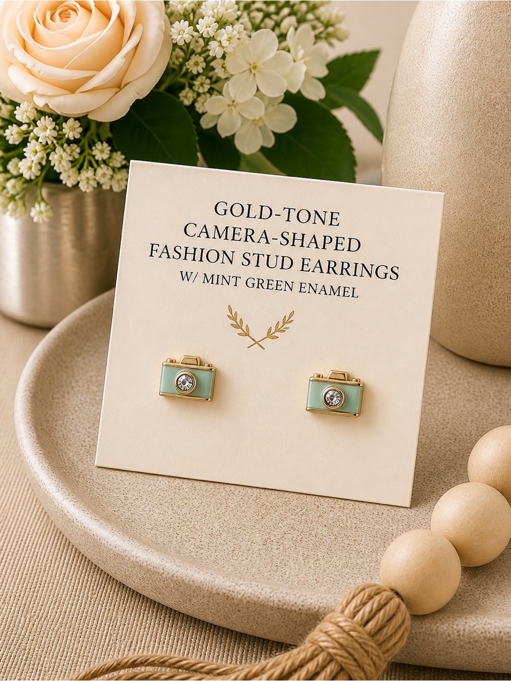 gold-tone camera-shaped fashion stud earrings w/ mint green enamel